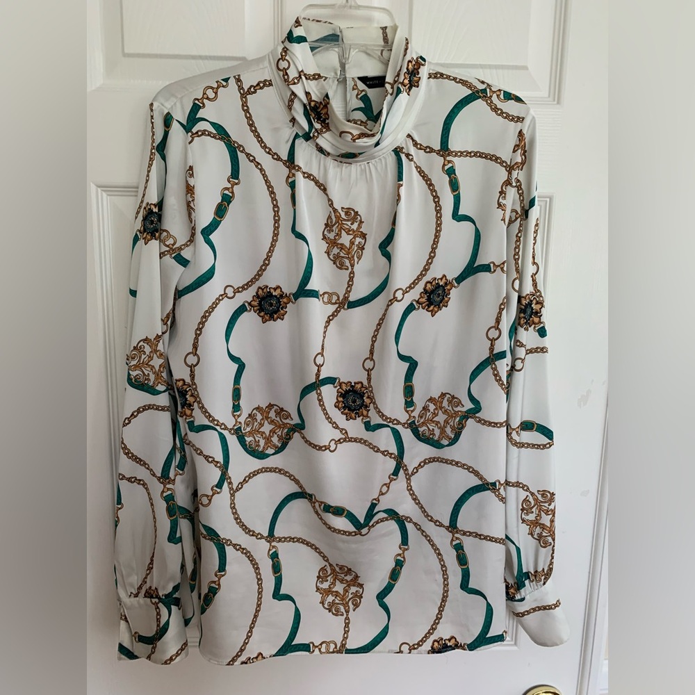 White House Black Market Blouse: White w/Green/Brown Print, Stand Collar 14